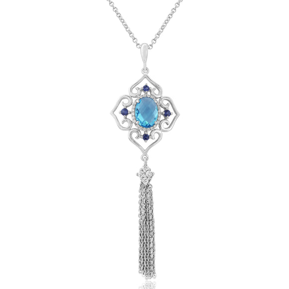 925 STERLING SILVER PENDANT ORNATE MULTI BLUE TOPAZ TASSLE