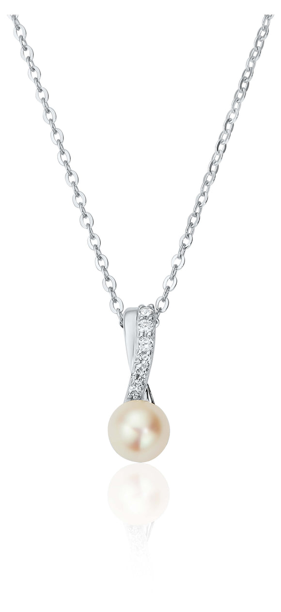 STERLING SILVER PEARL PENDANT WITH STONE SET CROSSOVER BALE