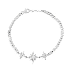 925 STERLING SILVER WRISTWEAR METALLIC BEADED BRACELET WITH TRIO OF CZ STARS